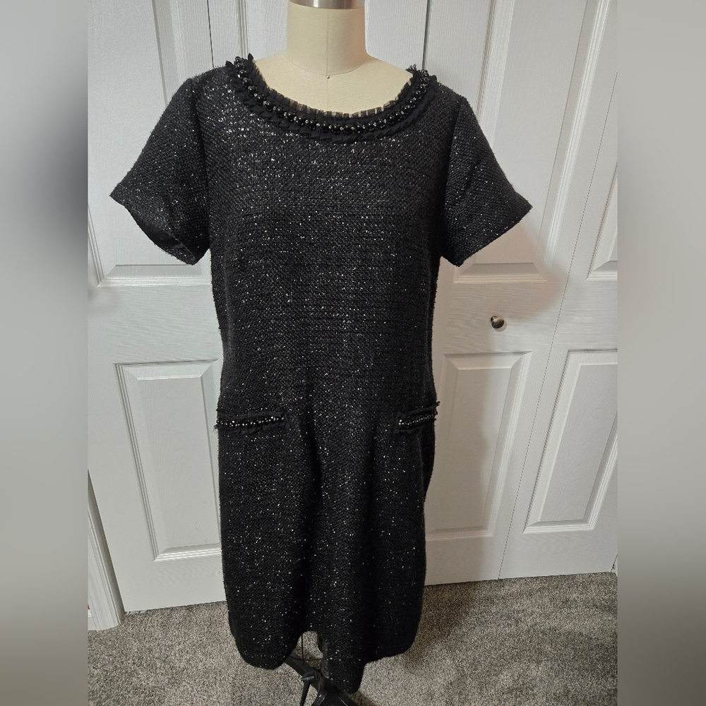 Talbots Black Woven Dress, Size 14, Beading & Rhinestone Details, Lined,  EUC